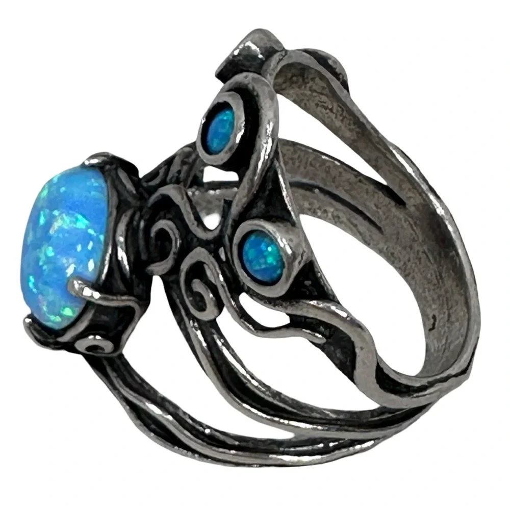 Vintage Israel 925 Sterling Silver Blue Opal Filigree Scroll Ring Jewish Artisan